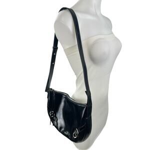 La Festin Black Leather Buckle Shoulder Crossbody Hobo Crescent Purse Handbag OS